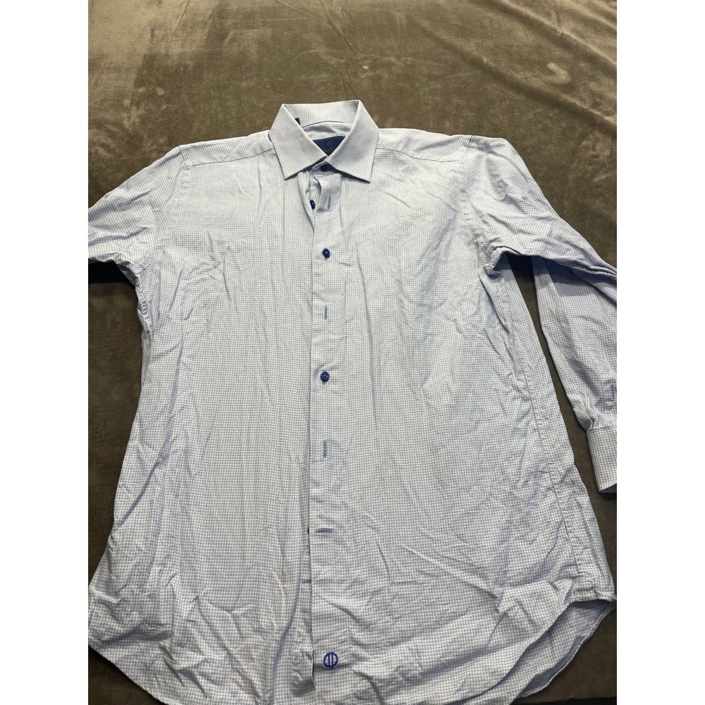 David Donahue Mens Trim Fit Blue White Micro Check Cotton Dress Shirt 16.5 32/33